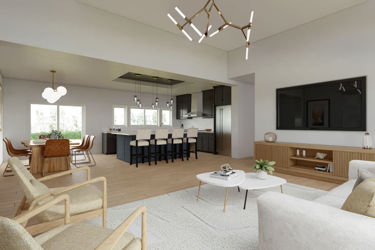 Interior rendering of an open-concept living, dining, and kitchen area with a large island and vaulted ceiling.
