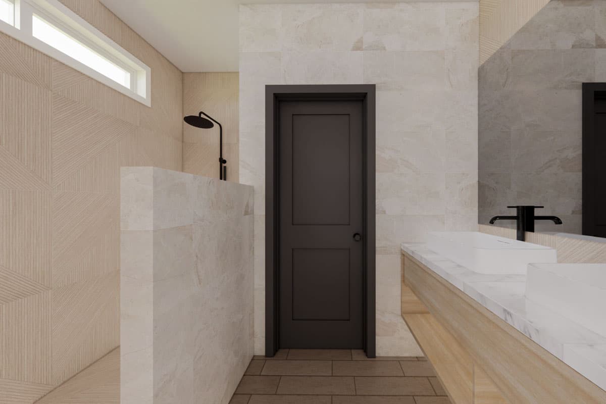 Bathroom rendering with walk-in shower, door, and double vanity with vessel sinks.