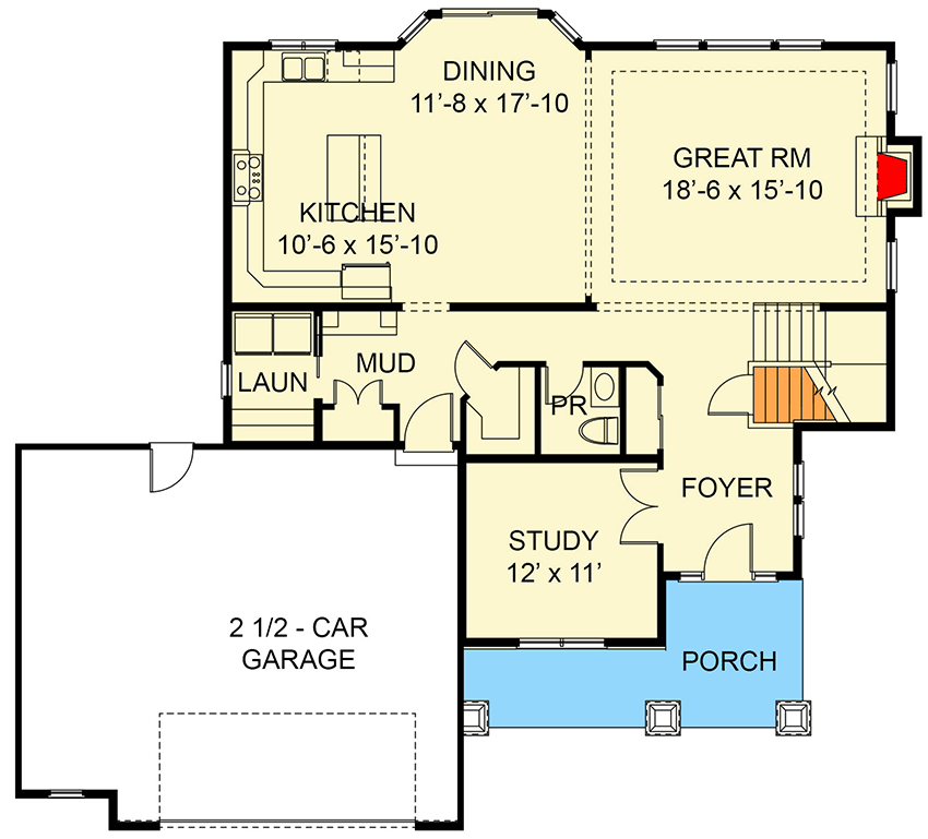 Plan 770028CED: Two-Story Traditional House Plan with Home Office or Study - 2528 Sq Ft - Floor Plan - Main Level - Craftsman, Traditional