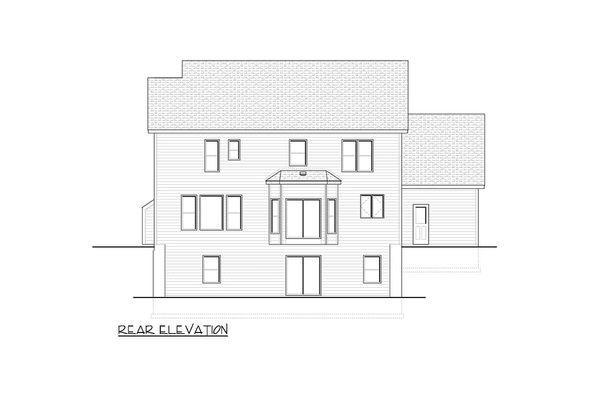 Rear elevation drawing of a two-story house plan with horizontal siding, multiple windows, a central bay window, and a side door.