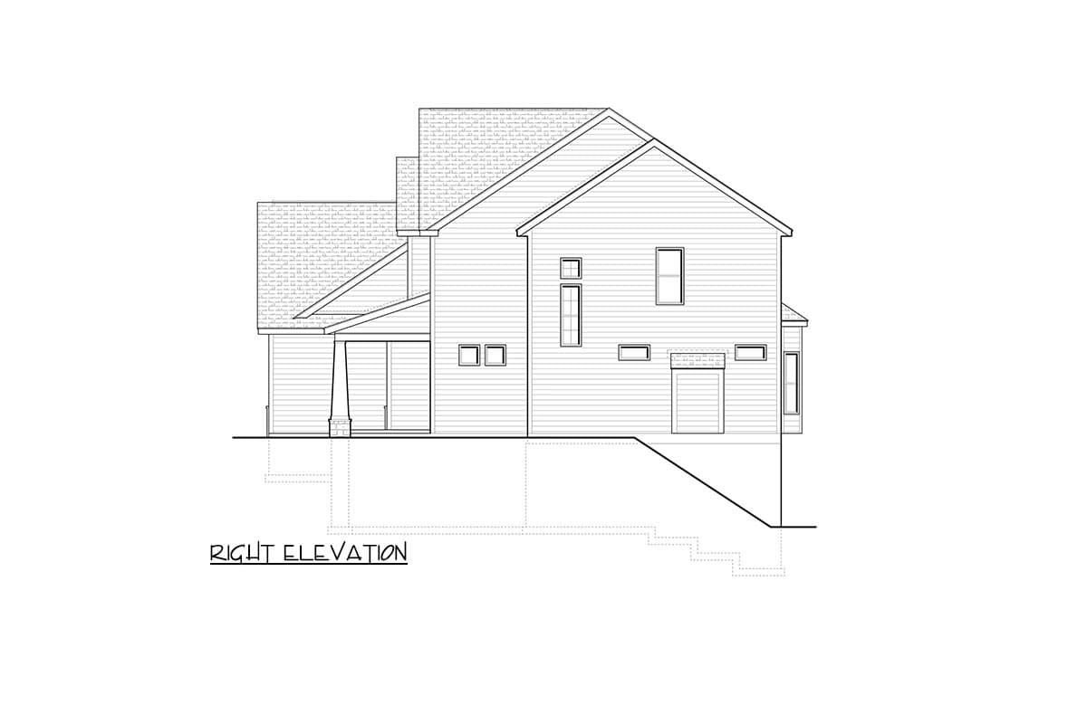 Right elevation drawing of a two-story house plan with multiple gables, a covered porch, and varied window styles.