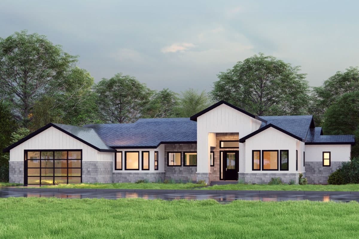 Modern house plan exterior with a low-slope roof, large glass garage door, and stone and vertical siding.