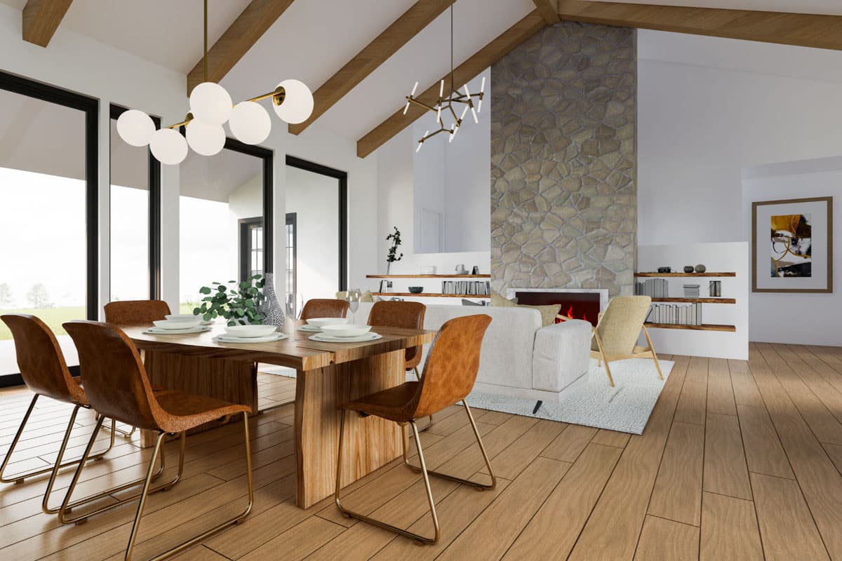 Interior rendering of a dining and living area with vaulted ceilings, exposed beams, stone fireplace, and large windows.