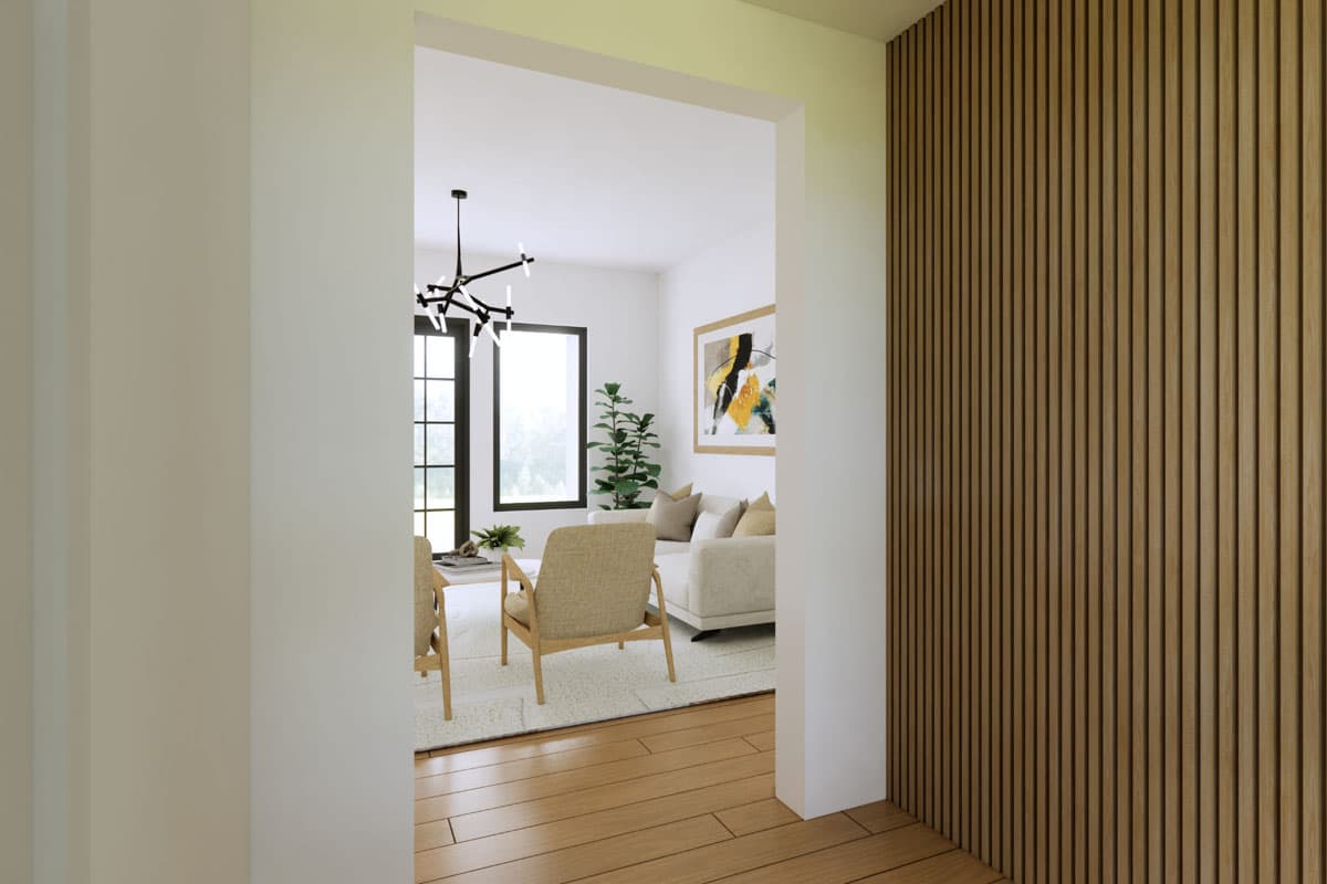 Interior rendering of a living room with a sofa, chairs, abstract art, and a slatted wood accent wall.