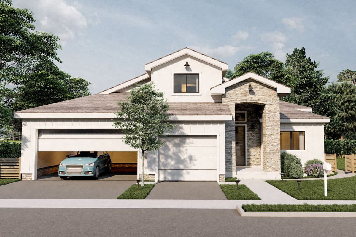 House plan exterior. Two-story home with a gabled roof, stone-clad entry, and attached garage. Includes a dormer with a window.