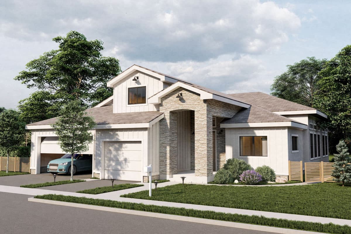Modern Farmhouse house plan exterior with stone-accented arched entryway, gable dormer, and attached two-car garage.