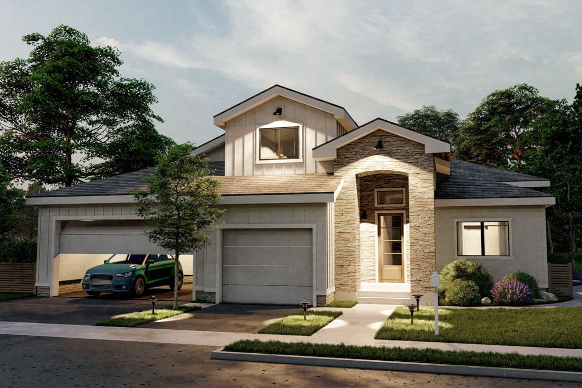 House plan exterior: Modern Farmhouse style, two-car garage, arched stone entry, and gable dormer.