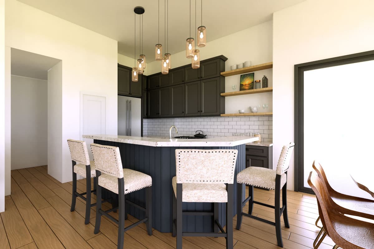 Kitchen rendering with dark cabinets, white subway tile backsplash, island with seating, and pendant lighting.