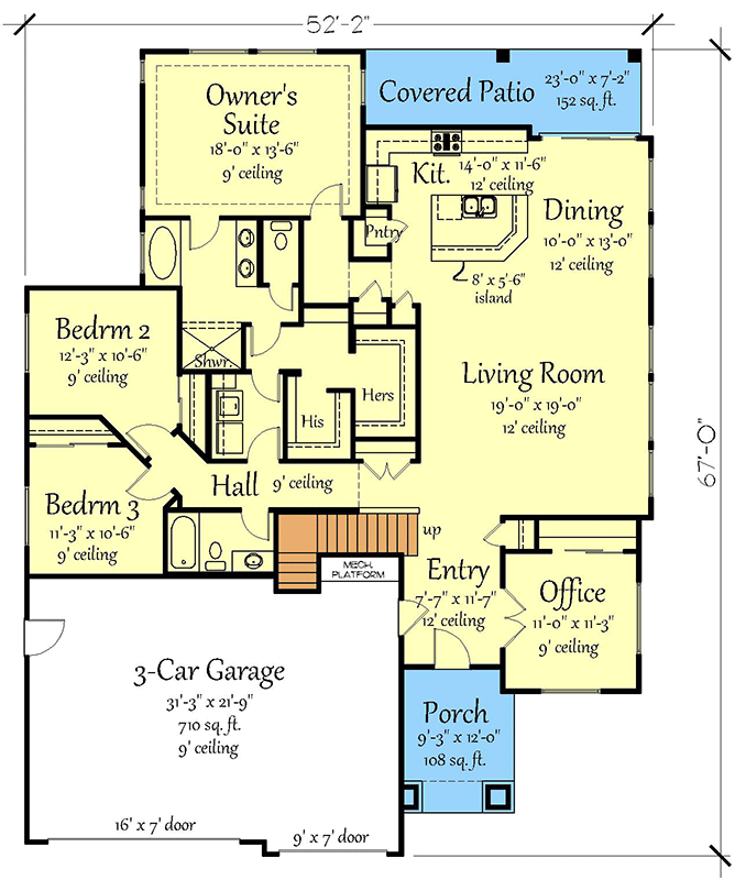 Plan 833022WAT: Two-Story Transitional House Plan with Bonus Space Above - 2384 Sq Ft - Floor Plan - Main Level - Country, New American, Transitional
