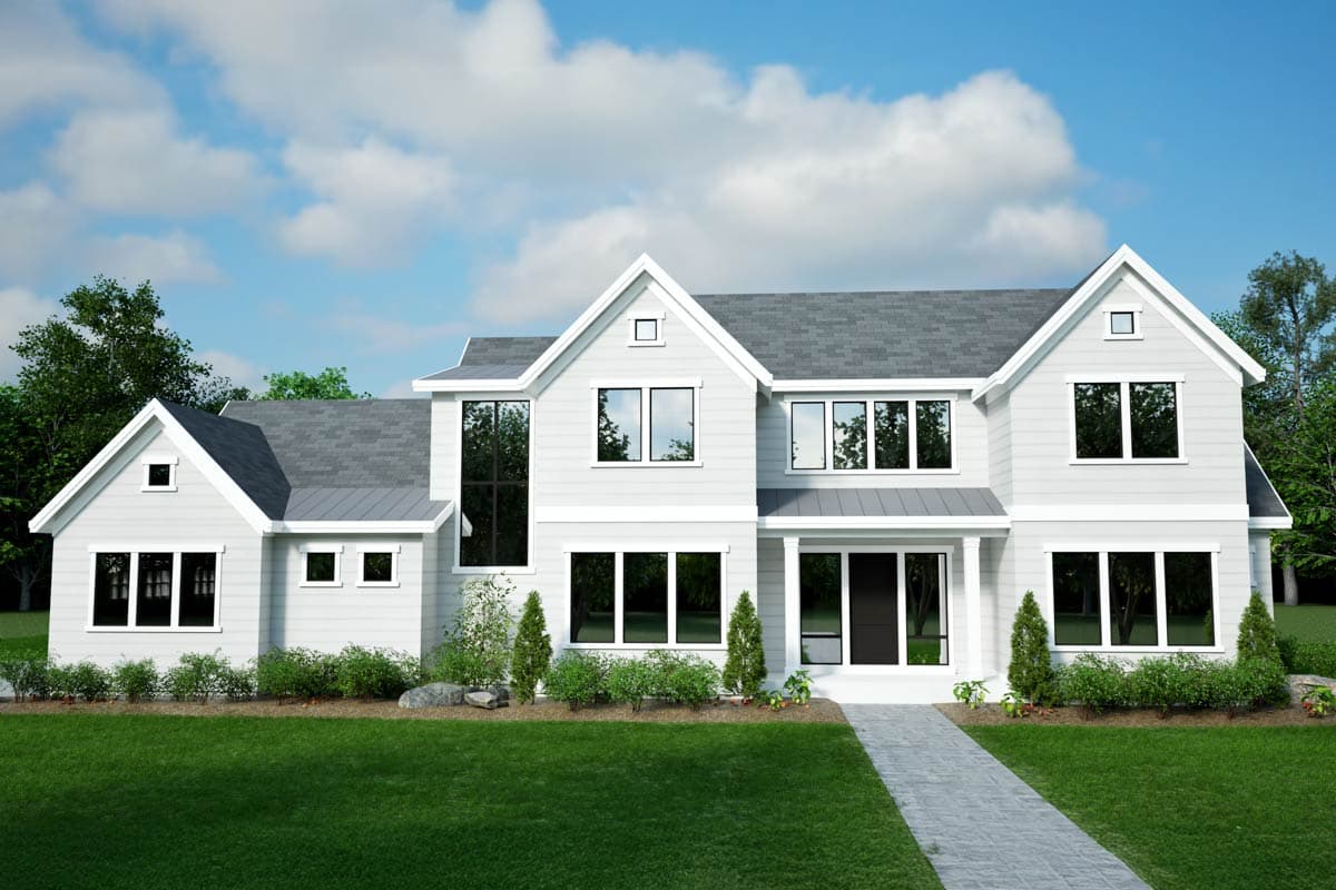 House plan exterior. Two-story Modern Farmhouse with gabled roof, large windows, and front porch with columns. Stone walkway leads to the door.