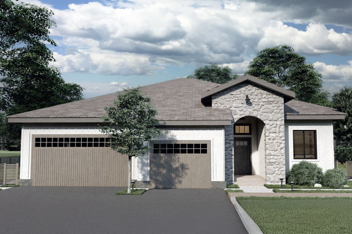 House plan exterior with stone accent, two-car garage, and a gable roof. Features an arched entryway and dark trim around the windows.