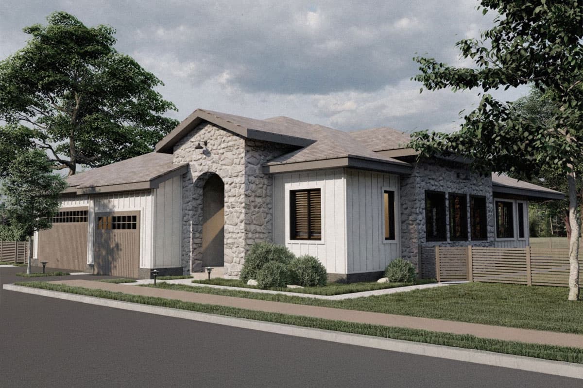 House plan exterior: single-story home with stone accents, board-and-batten siding, arched entryway, and a three-car garage.