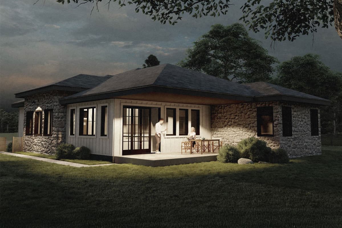 House plan exterior: single-story home with stone and vertical siding, multiple gables, and covered patio with glass doors.