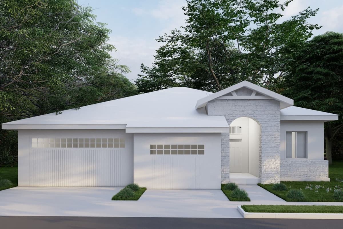 House plan exterior: Single-story Modern Farmhouse with two-car garage, arched stone entryway, and gable detail.