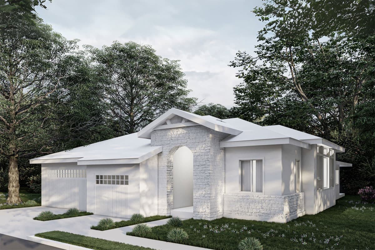 House plan exterior: single-story, modern design with arched stone entry, gable roof, and two-car garage.