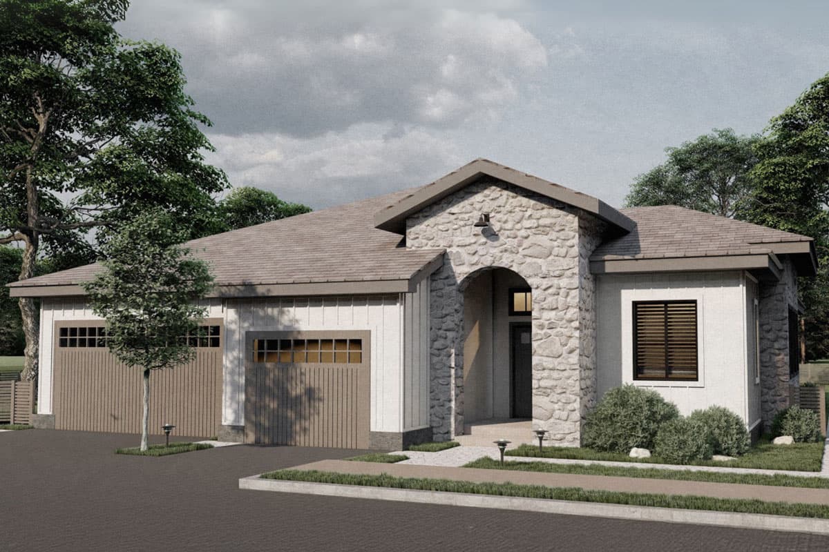 House plan exterior: Single-story home with stone entryway, two-car garage, gabled roof, and white vertical siding.