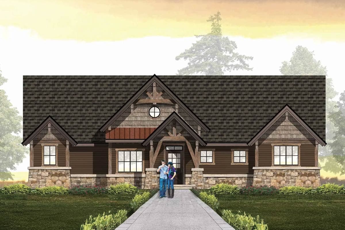 House plan exterior: Craftsman style, one-story, with stone base, large front gable, covered porch with exposed beams.