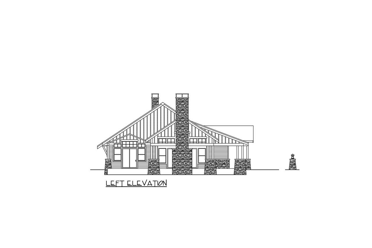 Left elevation drawing of a house plan featuring gables, stone accents, double chimneys, and a porch.
