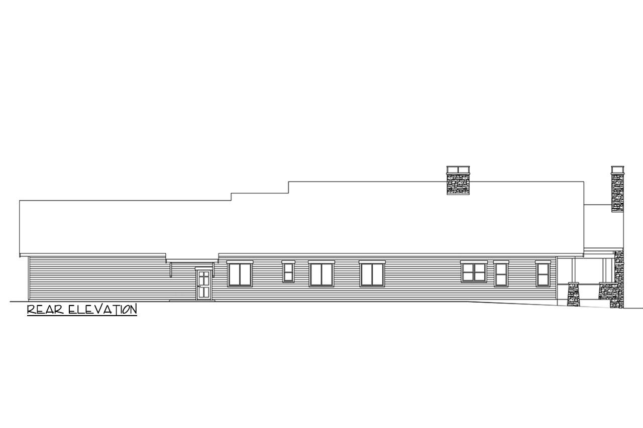 Rear elevation drawing of a single-story house with horizontal siding, multiple windows, two chimneys, and a covered porch.