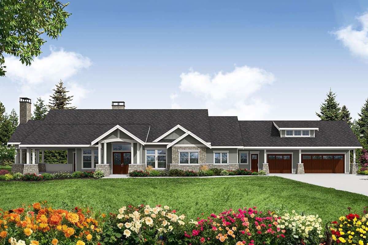 House plan exterior. Craftsman style with a single story, front porch, gables, and a garage with overhead doors.