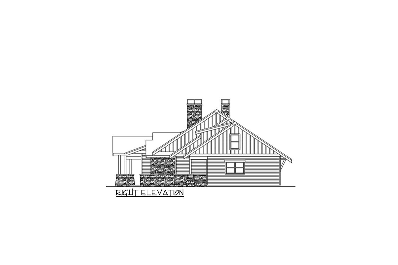 House plan right elevation showing gabled roof, stone chimney, porch with stone pillars, and siding.