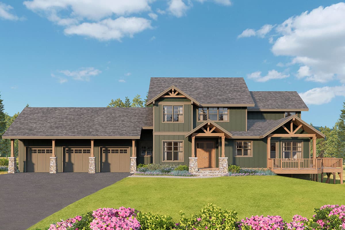 House plan exterior: Two-story Modern Farmhouse with a three-car garage, covered porch, gables, and a deck.