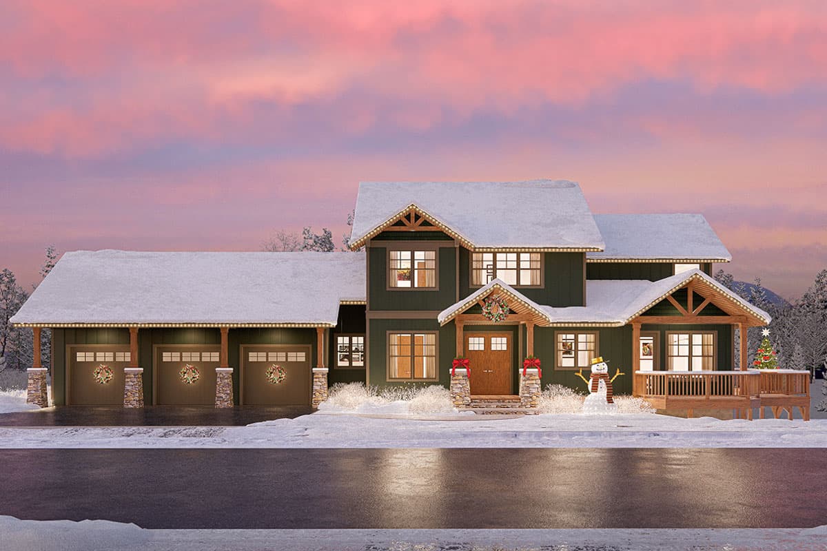House plan exterior. Two-story Craftsman home with a gabled roof, a covered porch, and a three-car garage. Stone accents on the garage.