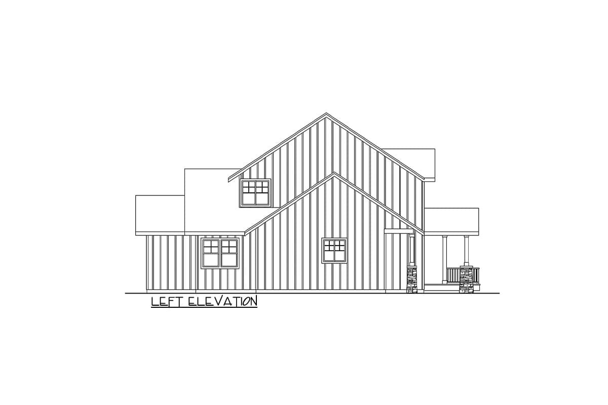 Left elevation of a house plan featuring vertical siding, gables, dormers, and a covered porch with stone pillars.