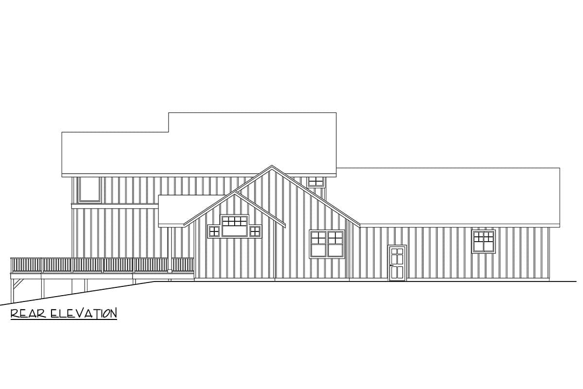 Rear elevation drawing of a house plan with vertical siding, multiple gables, a deck, and various windows.