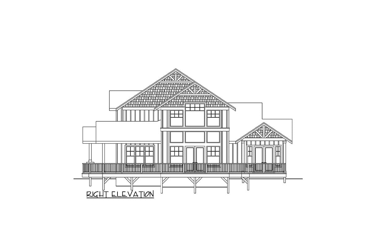 Right elevation drawing of a multi-story house plan featuring a wrap-around porch, large gables, and varied window arrangements.