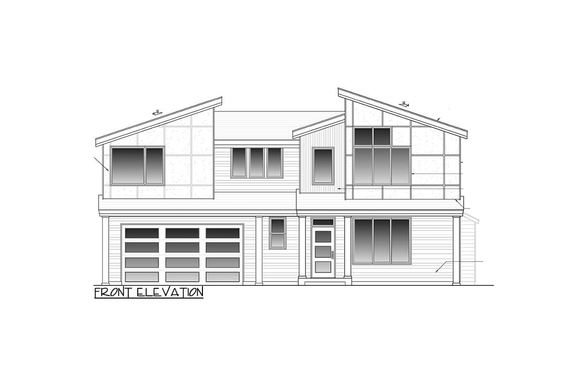 Front elevation house plan showing a two-story home with a multi-pitched roof, large windows, and an attached garage.