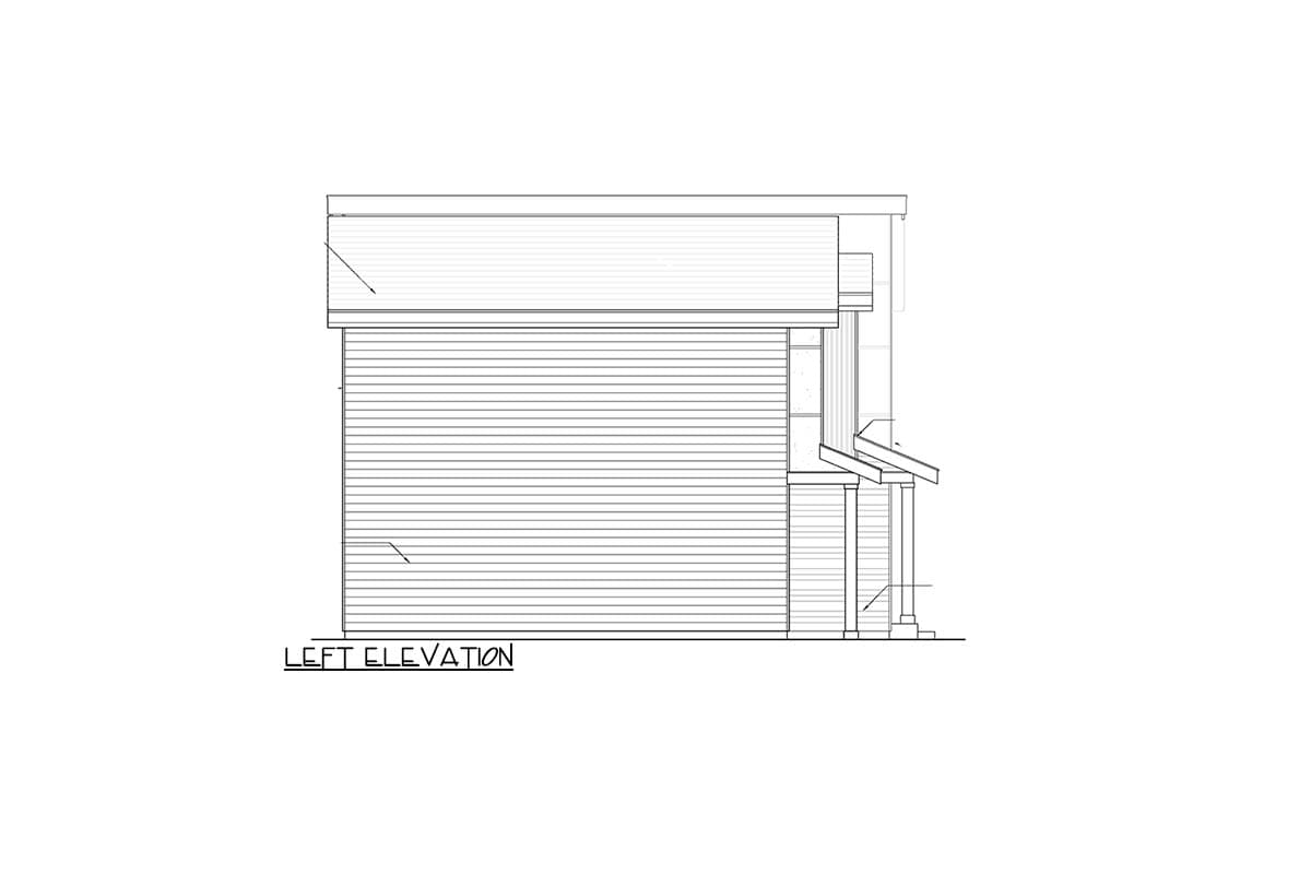 Left elevation drawing of a two-story house plan with horizontal siding, a pitched roof, and a covered entry with columns.