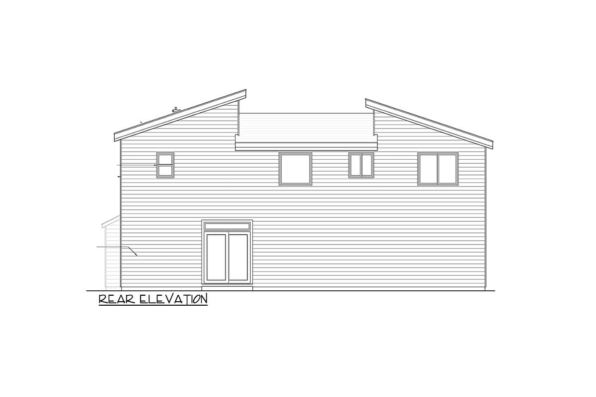Rear elevation drawing of a two-story house plan with sloped rooflines, siding, and multiple windows.