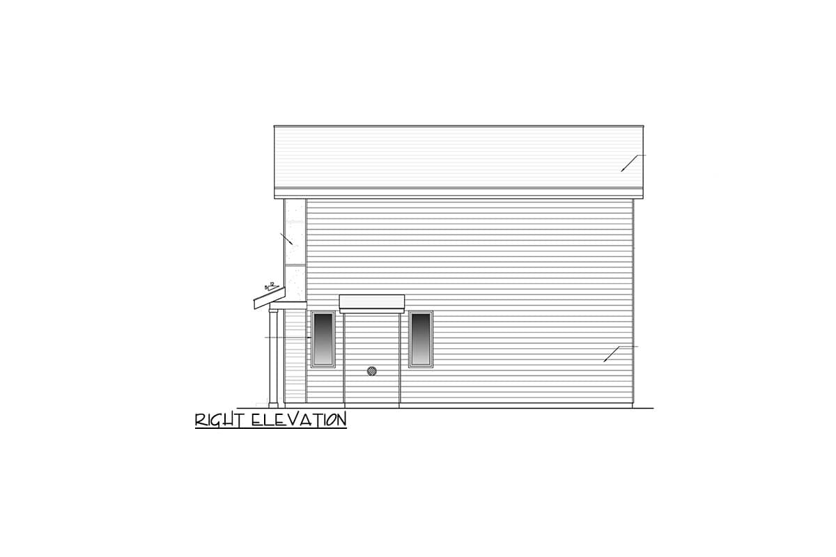 Right elevation of a house plan drawing, showing siding, two windows, a door, and a small covered entry.