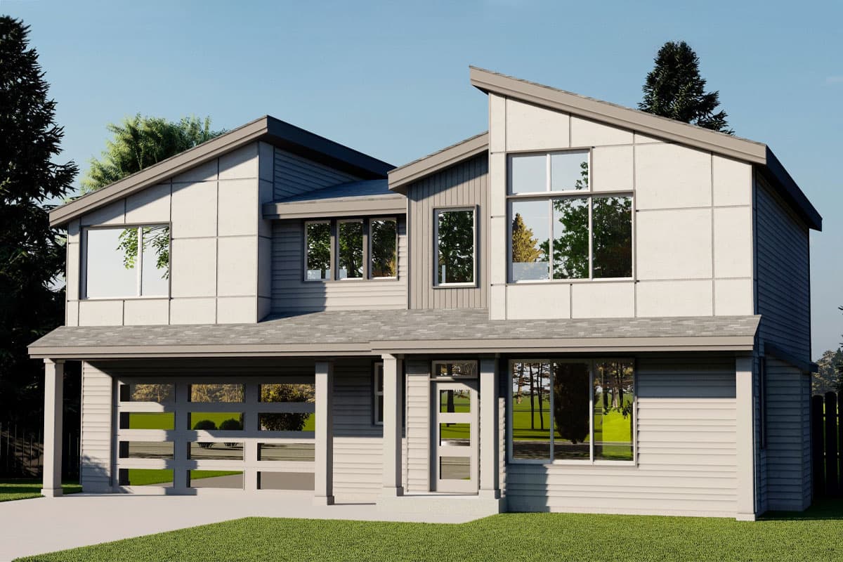 House plan exterior with modern style, two stories, and a split roofline. Includes a covered porch, large windows, and an attached garage.