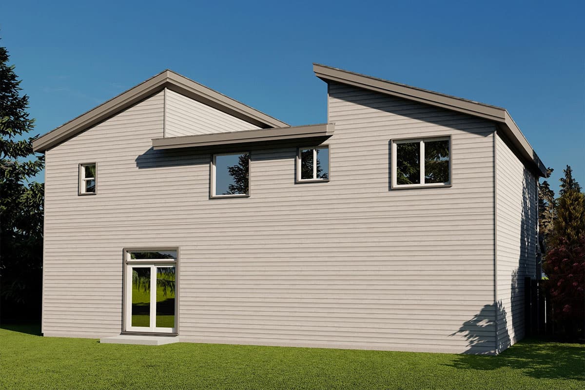 Modern house plan exterior with horizontal siding, a multi-level roofline, and multiple windows.