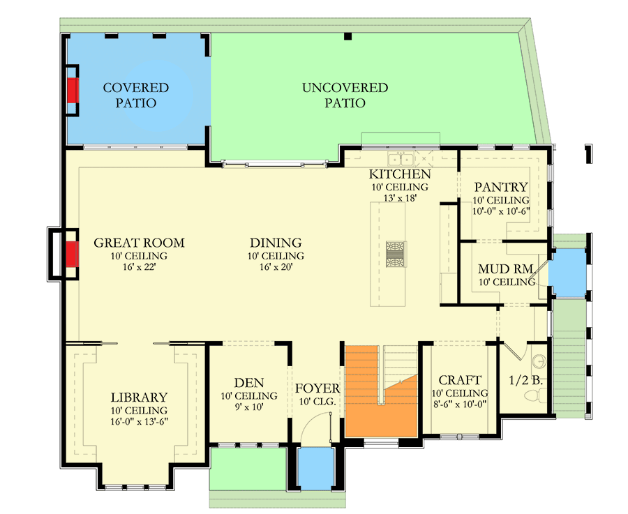 Plan 490129NAH: 4-Bed Contemporary European House Plan with Grand Library - 5324 Sq Ft - Floor Plan - Main Level - Contemporary, European, French Country, Transitional