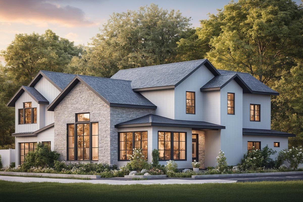 House plan exterior: Modern Farmhouse style, two stories, stone accent wall, gabled dormers, and dark-trimmed windows.
