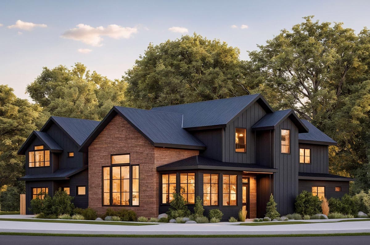 Modern house plan exterior with dark siding, brick accents, gable roofs, and numerous windows.