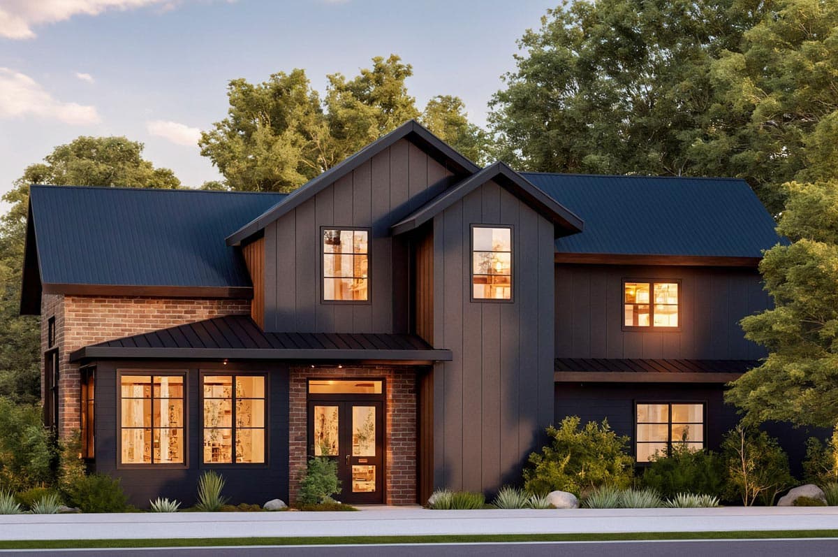 House plan exterior. Two-story Modern Farmhouse with board and batten siding, brick accents, multiple gables, and a metal roof.