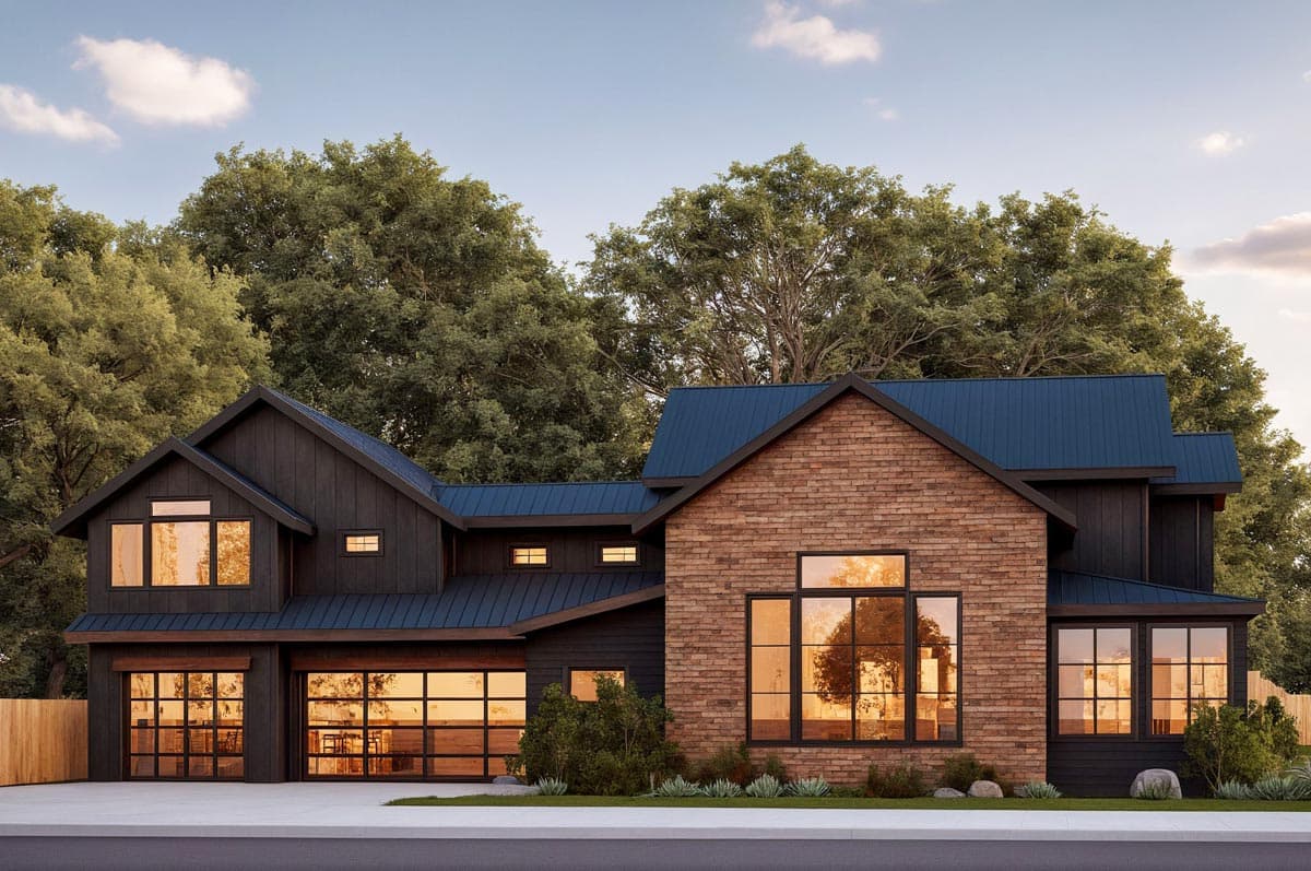 House plan exterior: Modern home with dark siding, brick accents, metal roof, and glass garage doors.