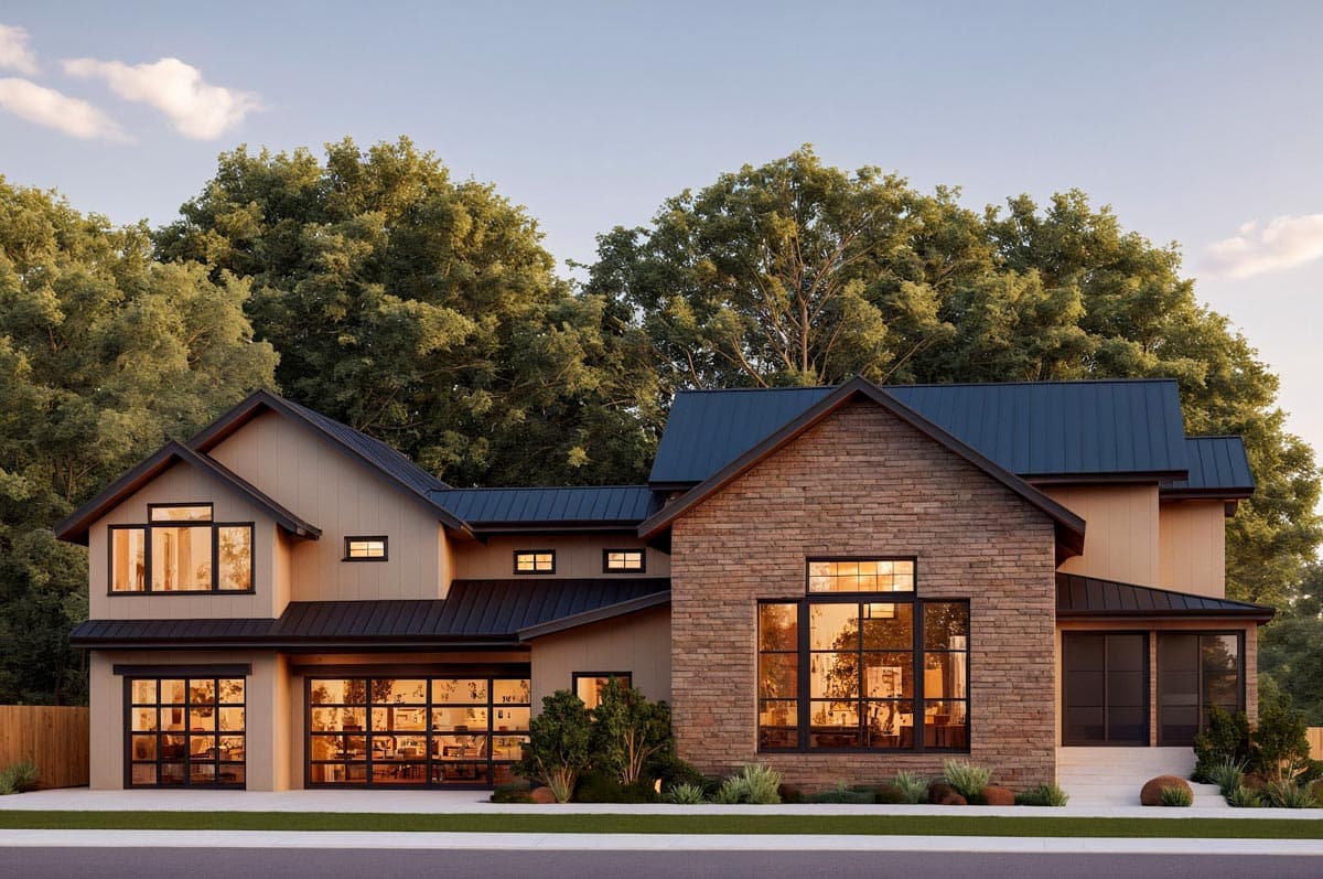 Modern house plan exterior with stone facade, metal roof, gabled dormers, and glass garage doors.