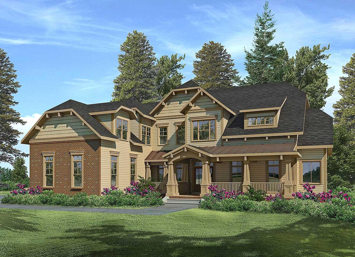 Craftsman style house plan exterior, two stories, with brick base, covered front porch, and multiple gables.