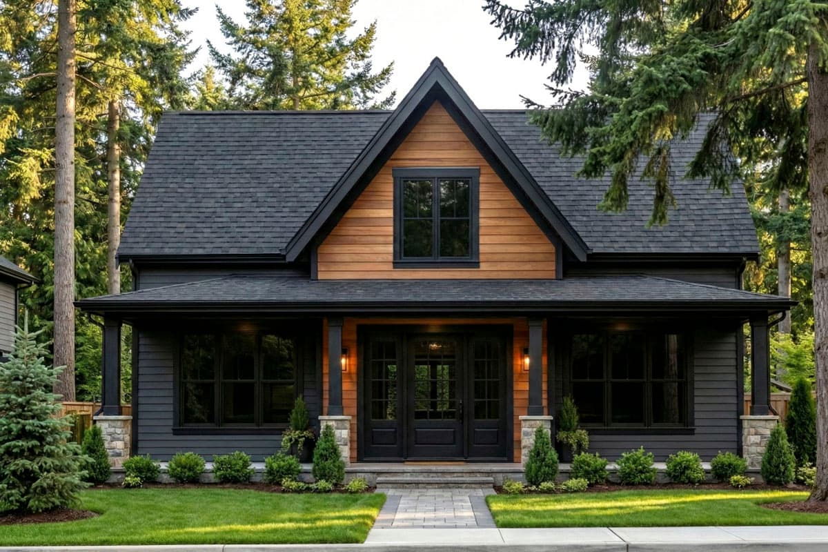House plan exterior. Two-story Craftsman home with a front porch, gabled roof, and wood accents. Features a double door entry.