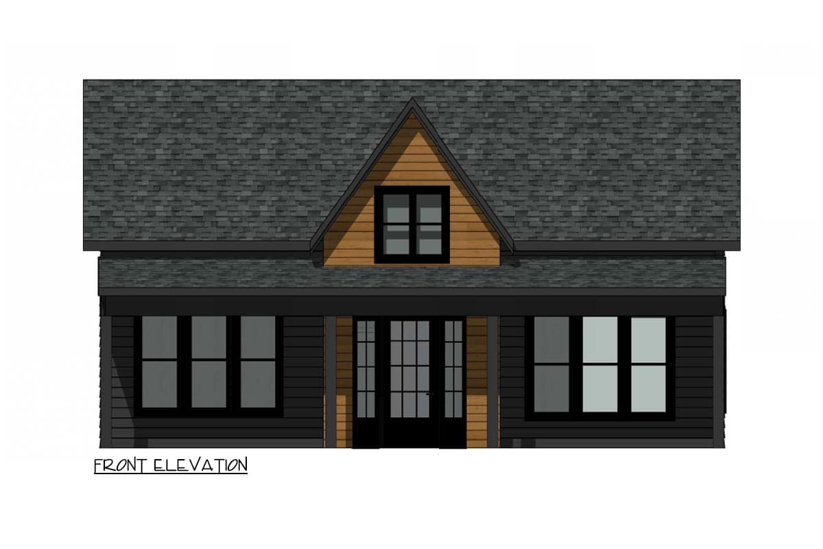 Front elevation drawing of a one-story house with a prominent gable, double front doors, and dark siding.