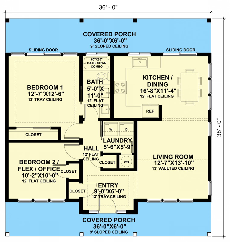 Plan 421007HFC: 2-Bedroom Modern Farmhouse Cottage Under 1000 Sq Ft - Floor Plan - Main Level - Cottage, Country, Modern Farmhouse, New American