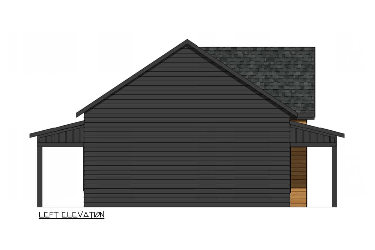 Left elevation drawing of a house with dark horizontal siding, gable roof, and two covered porch areas.