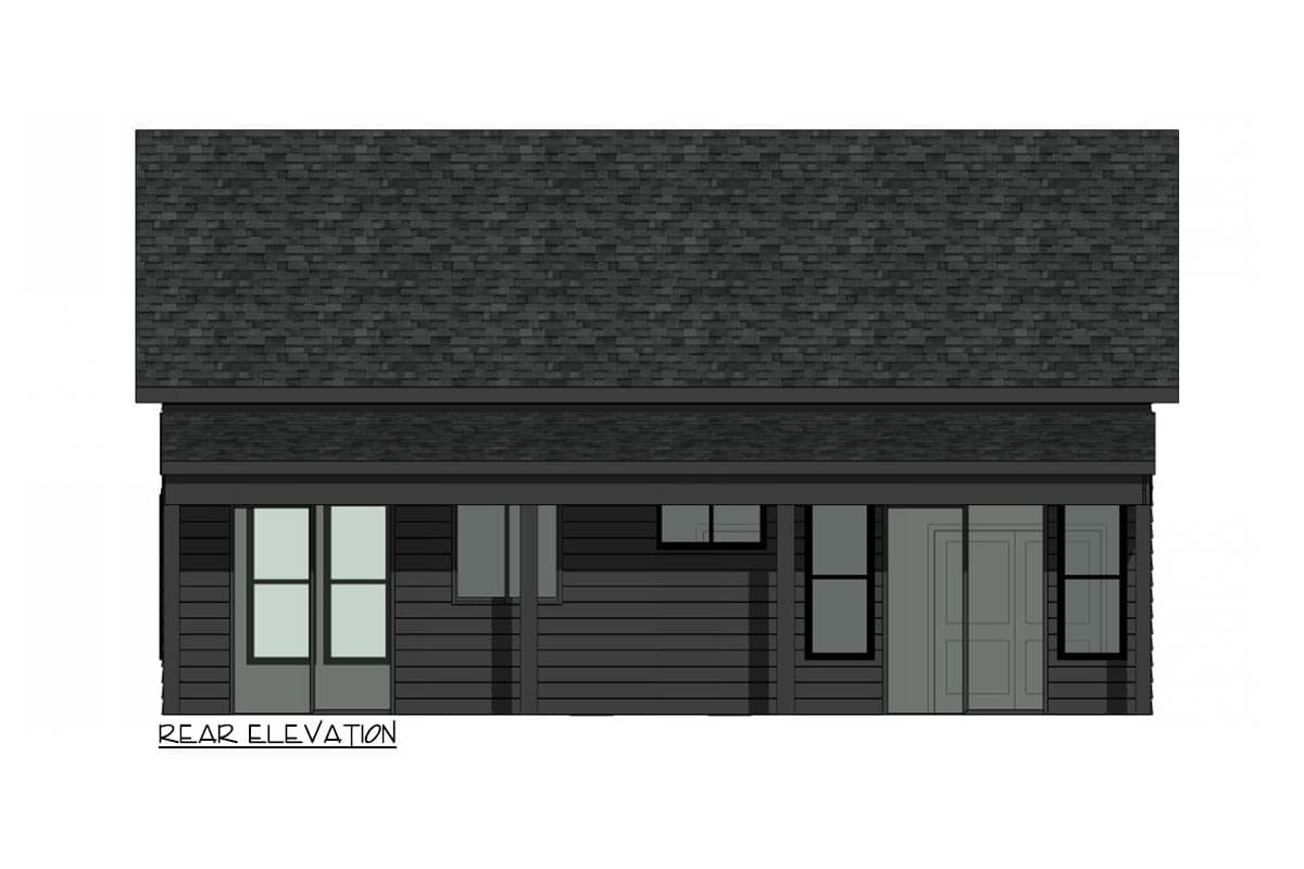 Rear elevation house plan with horizontal siding, a gabled roof, double doors, and multiple windows.