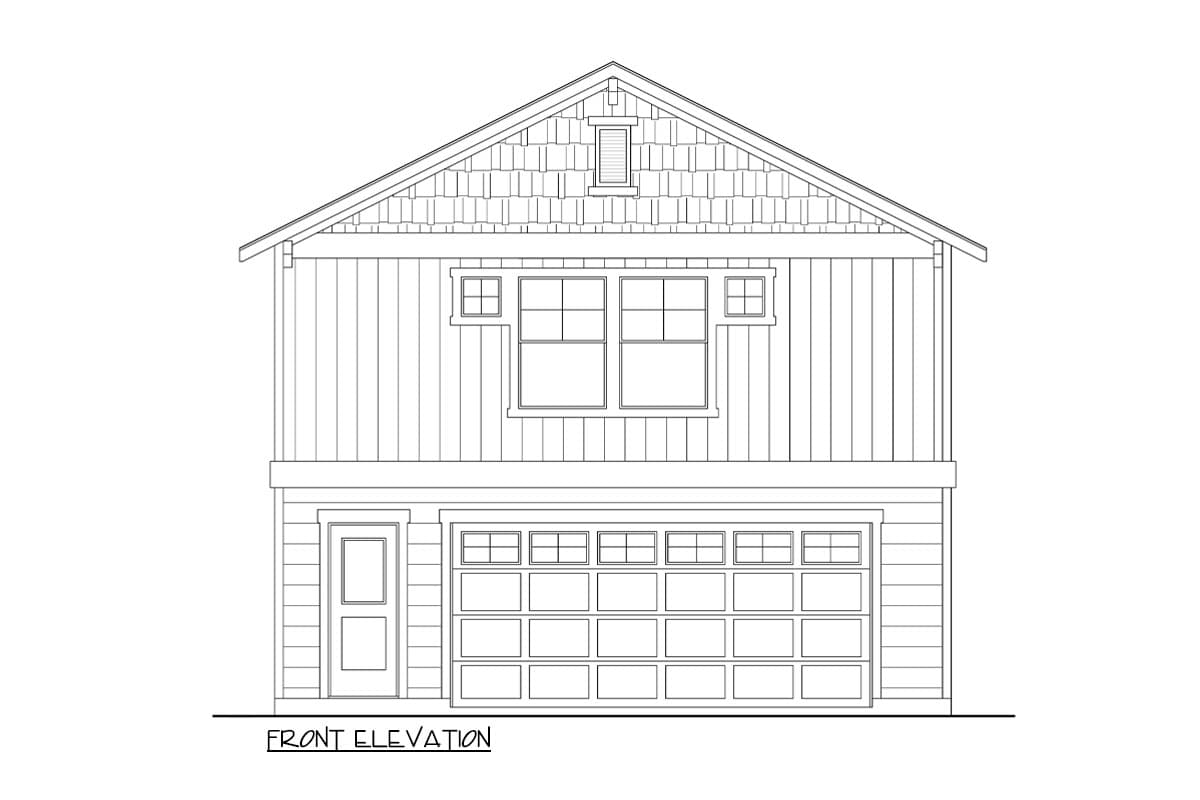 Front elevation drawing of a two-story house plan featuring shingle and vertical siding, a prominent gable, and a three-bay garage.