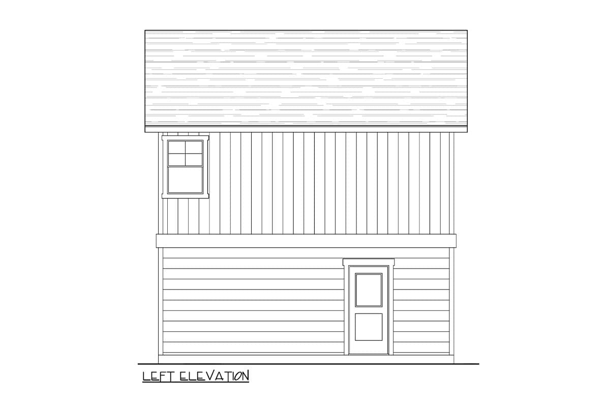 Left elevation drawing of a two-story house plan with clapboard siding, a simple door, and a single window.